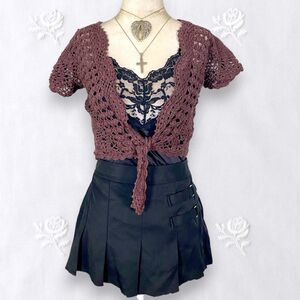 Carolyn Taylor Boho Cropped Crochet Dark Brown Short Front Tie Cardigan M